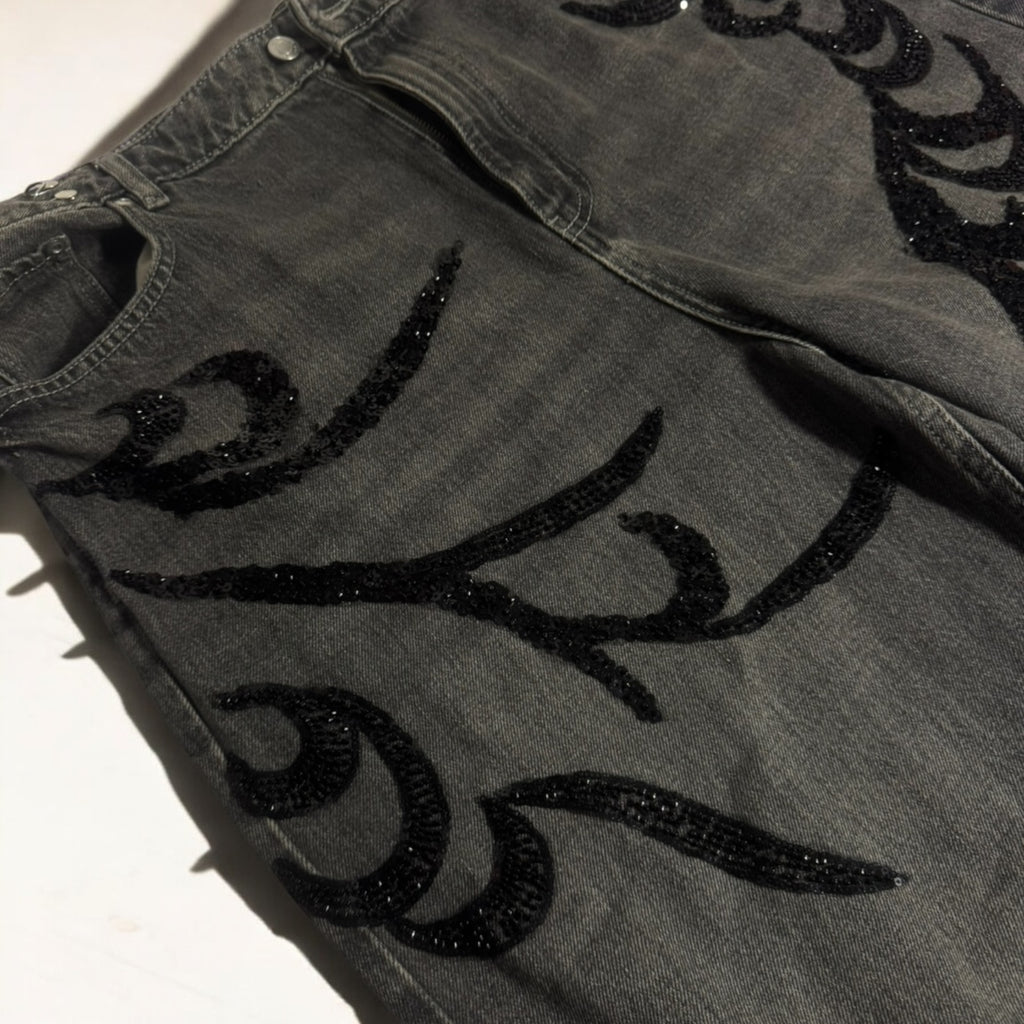 ✨ Embellished Beaded Patch Jeans – One of One